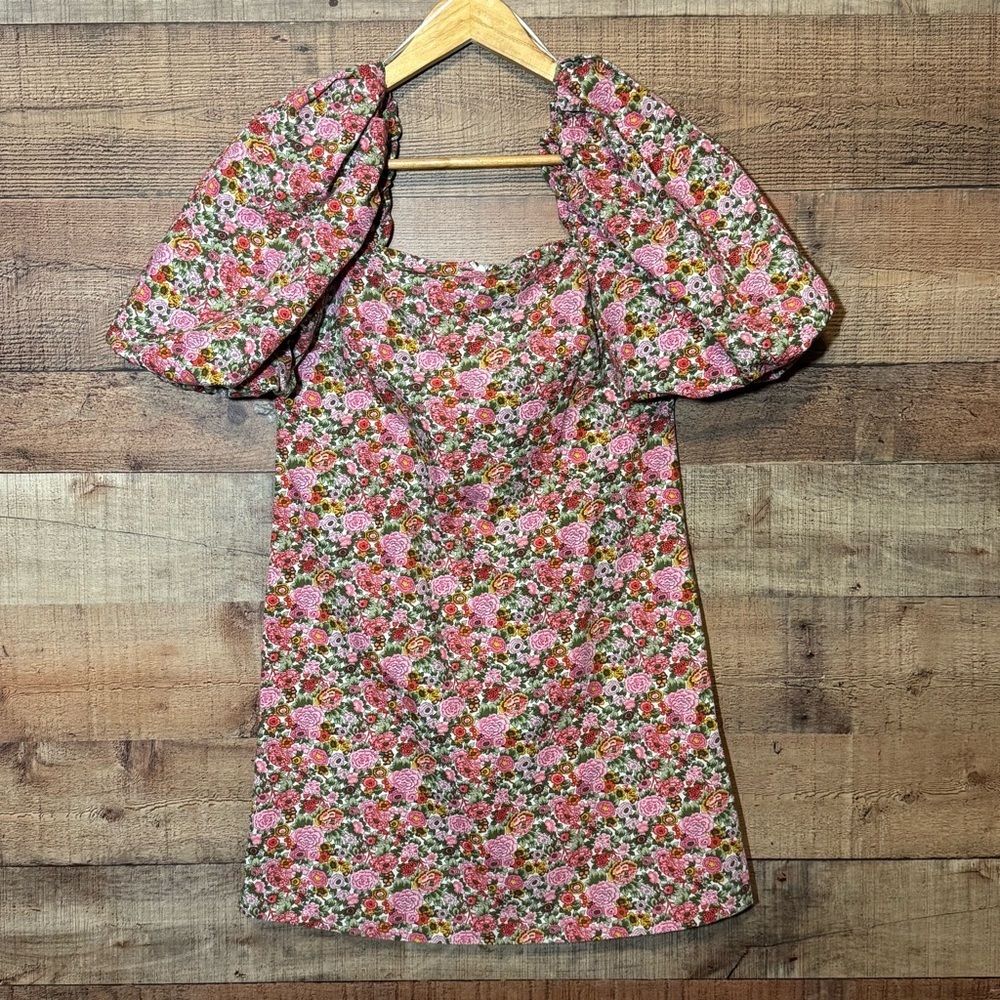MNG Mini Dress Floral Voluminous Puff Sleeve Cotton Pink/Red Size 4 Blogger Fave - Picture 2 of 9